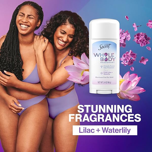 SECRET WHOLE BODY DEODORANT STICK FOR WOMEN, LILAC & WATERLILY SCENT, ALUMINUM FREE DEODORANT STICK, 72 HR ODOR PROTECTION, 2.4 OZ