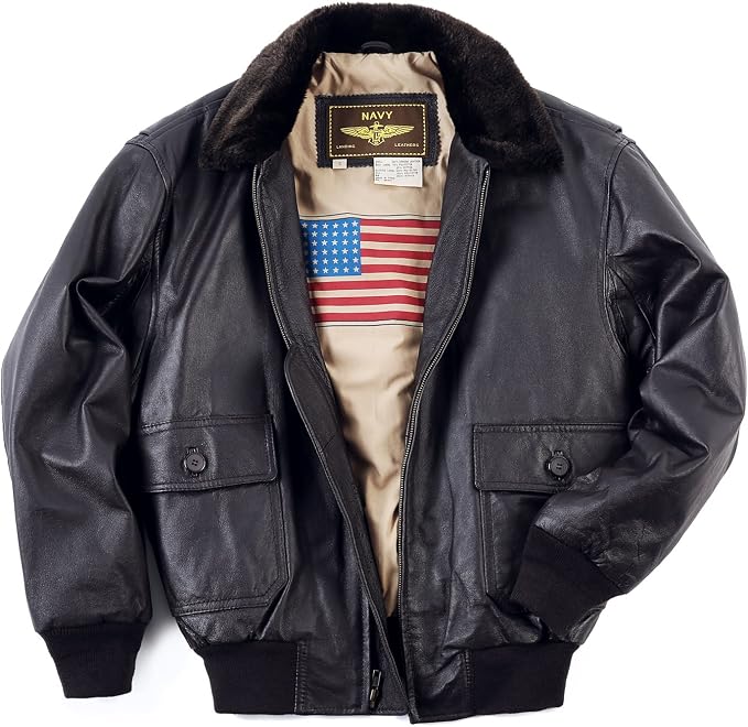 Jaqueta bomber masculina de couro Landing Leathers azul marinho G-1 ...
