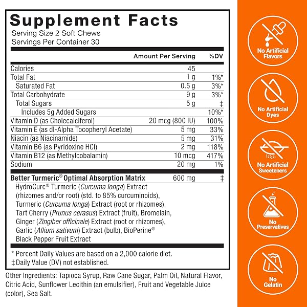 FORCE FACTOR BETTER TURMERIC SUPPLEMENT 400MG WITH BLACK PEPPER & GINGER, EXTRA STRENGTH JOINT SUPPORT, SUPERIOR ABSORPTION, LIKE TURMERIC GUMMIES, FRUIT SPLASH, 60 TURMERIC CHEWS