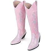 Women’s Rhinestone Cowboy Boots Mid Calf Pointed Toe Sparkly Block Heel Cowgirl Boots with Pull On Tabs
