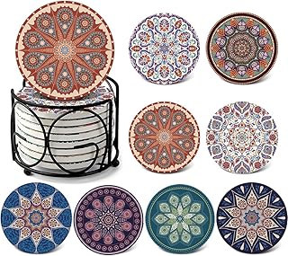 DINGHENG Untersetzer Saugfähige Keramik Untersetzer mit Korkrücken Mandala Stil für Tassen Tisch Bar Glas 8er Set