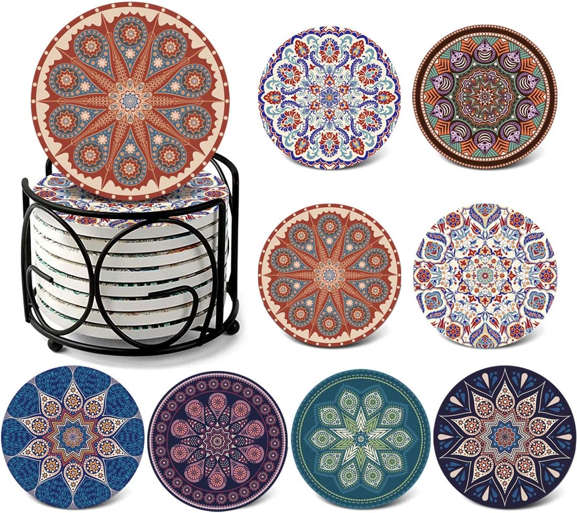 DINGHENG Untersetzer Saugfähige Keramik Untersetzer mit Korkrücken Mandala Stil für Tassen Tisch Bar Glas 8er Set