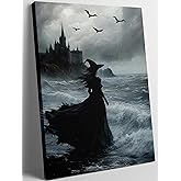 Halloween Horror Witch Canvas Wall Art Dark Academy Witch Painting Picture Wall Decor Goth Dark Moody Poster Print Artwork for Halloween Party in Living Room and Bedroom Home Decoration