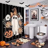 Boao 4 Pcs Halloween Bathroom Shower Curtain Set 71x71 Inch, Ghost Pumpkin | Ghost with Witch Hat Bath Curtain with 12 Hooks, Vintage Bath Mat, Bow Toilet Lid Cover and U-shaped Rug, Spooky Home Decor