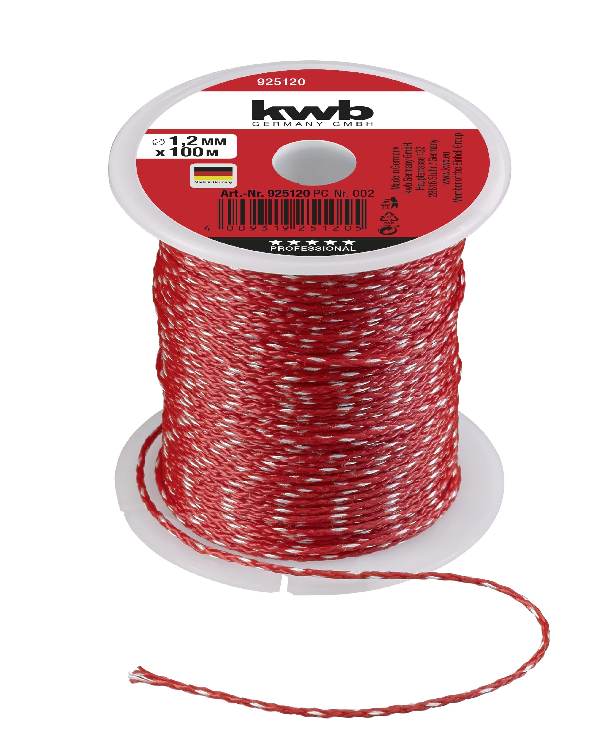 KWB Masonry LINE 100M, 1.2MM Thickness, RED Nylon Braided String - Made in Germany