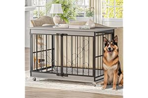 COZPAW Dog Crate Furniture, 48 Inch Dog Crates for Medium/Large Dogs, Farmhouse Wood Dog Kennel Indoor Heavy Duty Dog Cage with Caster Wheels (Gray)