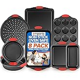 Emporio Kitchen Baking Pan Set - Nonstick Coating, Carbon Steel Bakeware Set with Red Silicone Handles, PFOA, PFOS, PTFE Free, Recipe Booklet Included, Oven Safe Tray (Up To 450° F), Set of 8 - Black