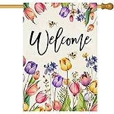 Baccessor Spring Summer Easter Tulip Welcome House Flag Double Sided Bee Colorful Floral Burlap Yard House Seasonal Farmhouse Outside Outdoor Decoration 28 x 40 Inch（large）