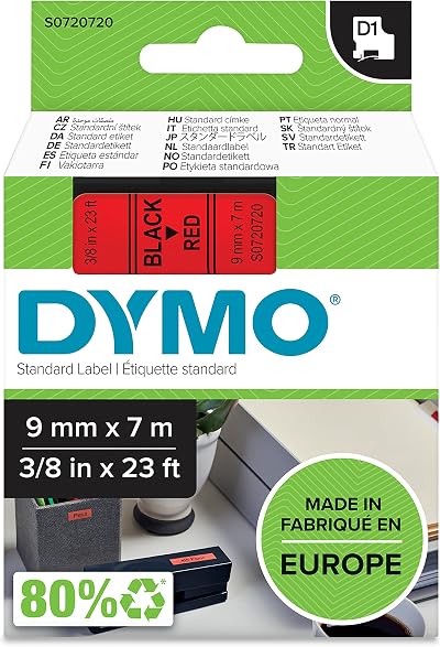Dymo Authentic D1 Labels Black on Red Tape 9 mm x 7 m for LabelManager