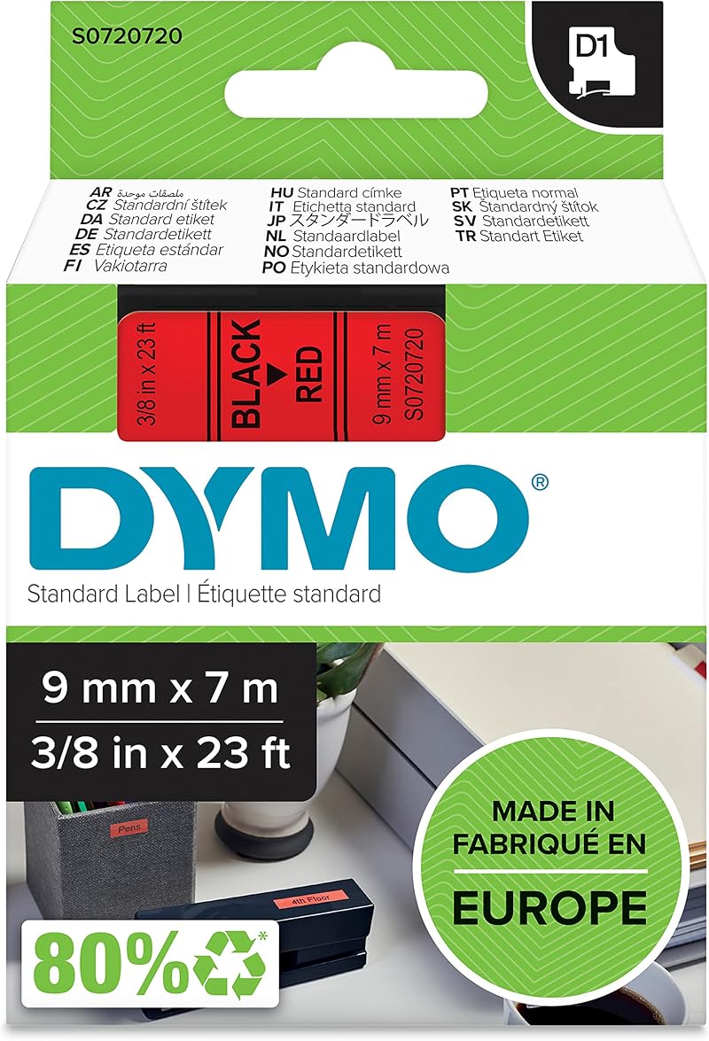 Dymo Authentic D1 Labels Black on Red Tape 9 mm x 7 m for LabelManager