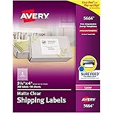 Avery Printable Shipping Labels with Sure Feed, 3-1/3" x 4", Matte Clear, 300 Blank Mailing Labels (5664)
