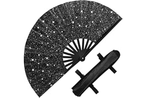 VELARIONNA Glitter Large Rave Folding Hand Fan, Black Rave Clack Handheld Fan for Women with Leg Strap and Case Bag for Dance Party