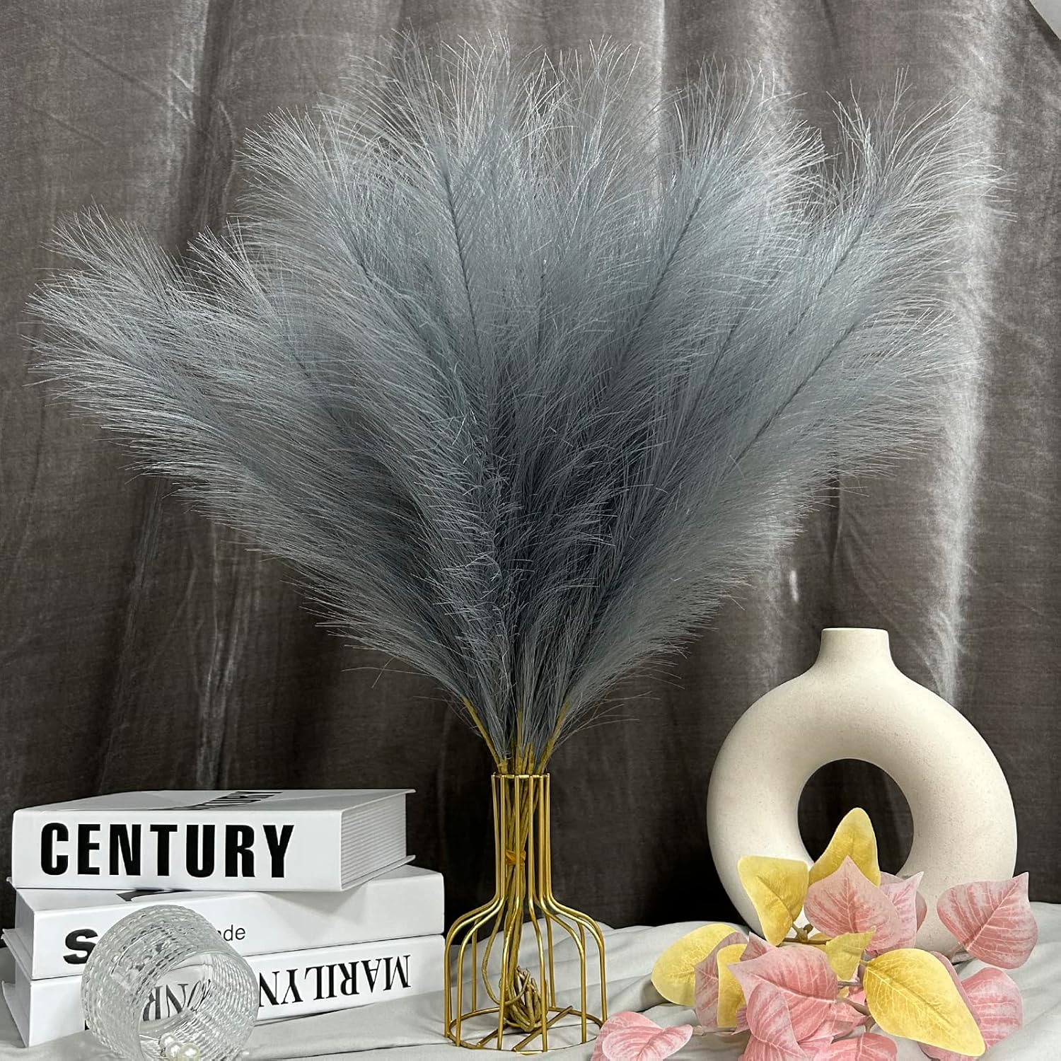 Dried & Preserved Flora - U-LIAN 12Pcs Gray Faux Pampas Grass, Grey Fake Fluffy Pompas Floral 24 Inches Bendable, with 36 Branched Stems, Exquisite Home and Wedding Boho Decor, Artificial Flowers Dried Plants for Vase