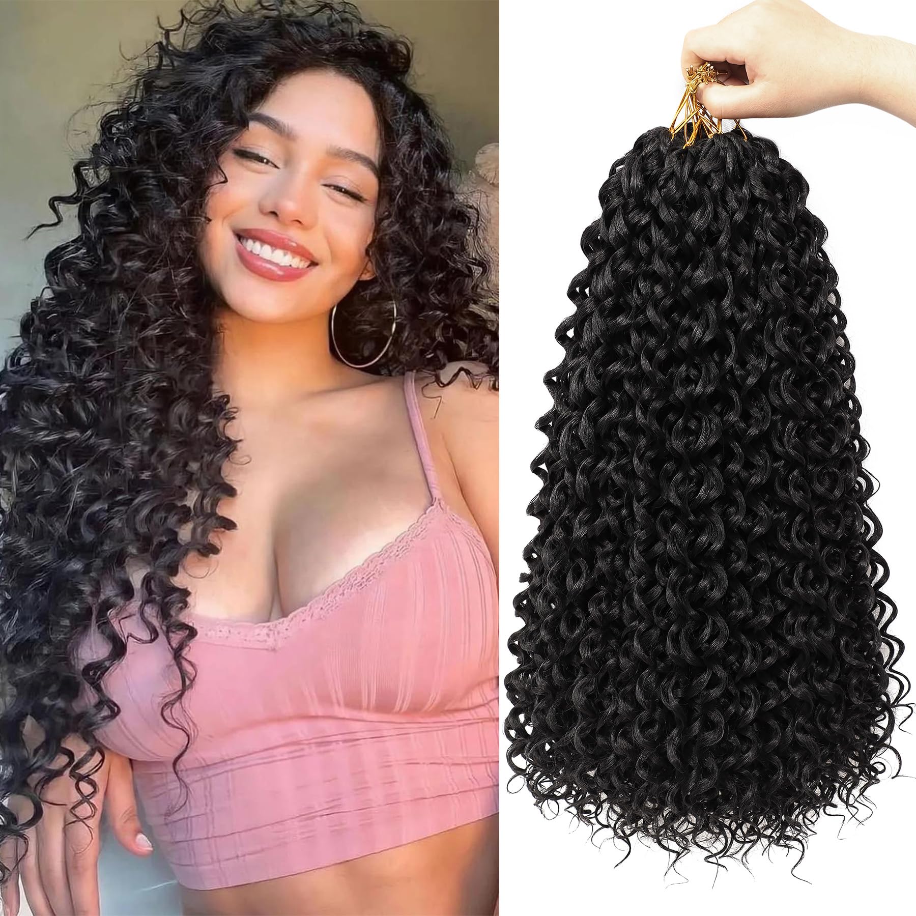 Photo 1 of 8 Packs Curly Crochet Hair 18 Inch GOGO Curl Crochet Hair for Black Women Long Deep Water Wave Beach Curl Pre looped Synthetic Bohemian Crochet Braids Braiding Hair Extensions (18 Inch, 1B)