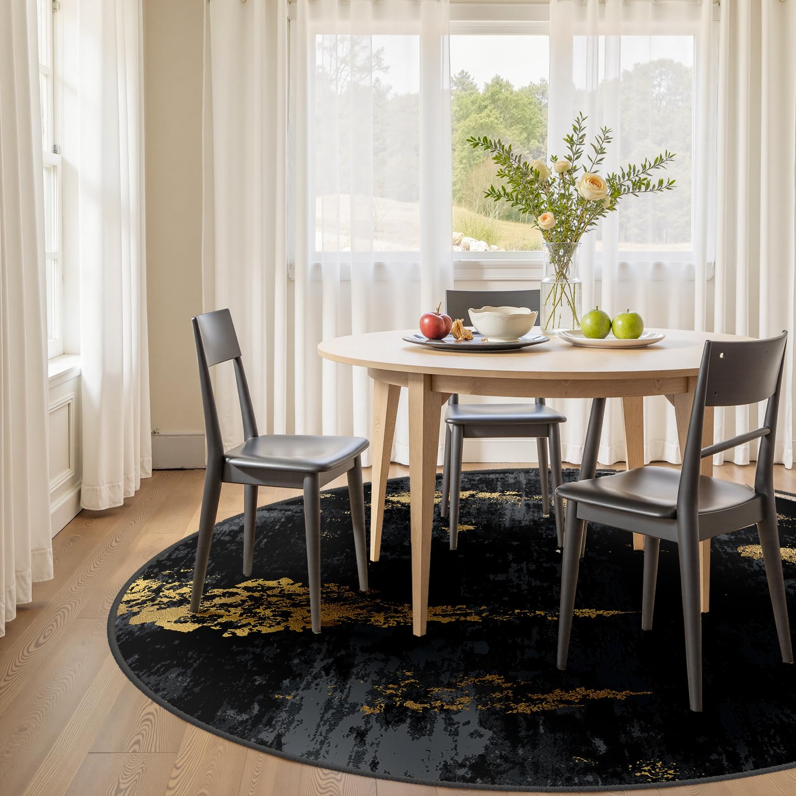 Condition photo showing As Is for washable area rugs 6ft non-slip modern abstract soft for living room entryway bedroom nursery, print pattern, dark black gold black/gold 6' (round)