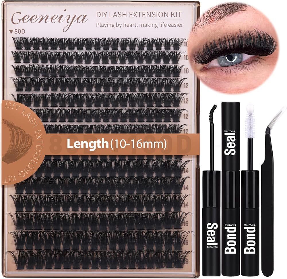 Geeneiya Volume Lash Clusters Kit DIY Lash Extension Kit D Curl Eyelash Extensions with Waterproof Lash Bond and Seal Waterpr