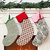 Croknit 3 Pcs Christmas Scalloped Piping Stocking, 22" Cotton Floral Nature Green Red Printed Xmas Stockings with Tassel Rustic Christmas Hanging Decorations for Stairs Fireplace Xmas Home Decor