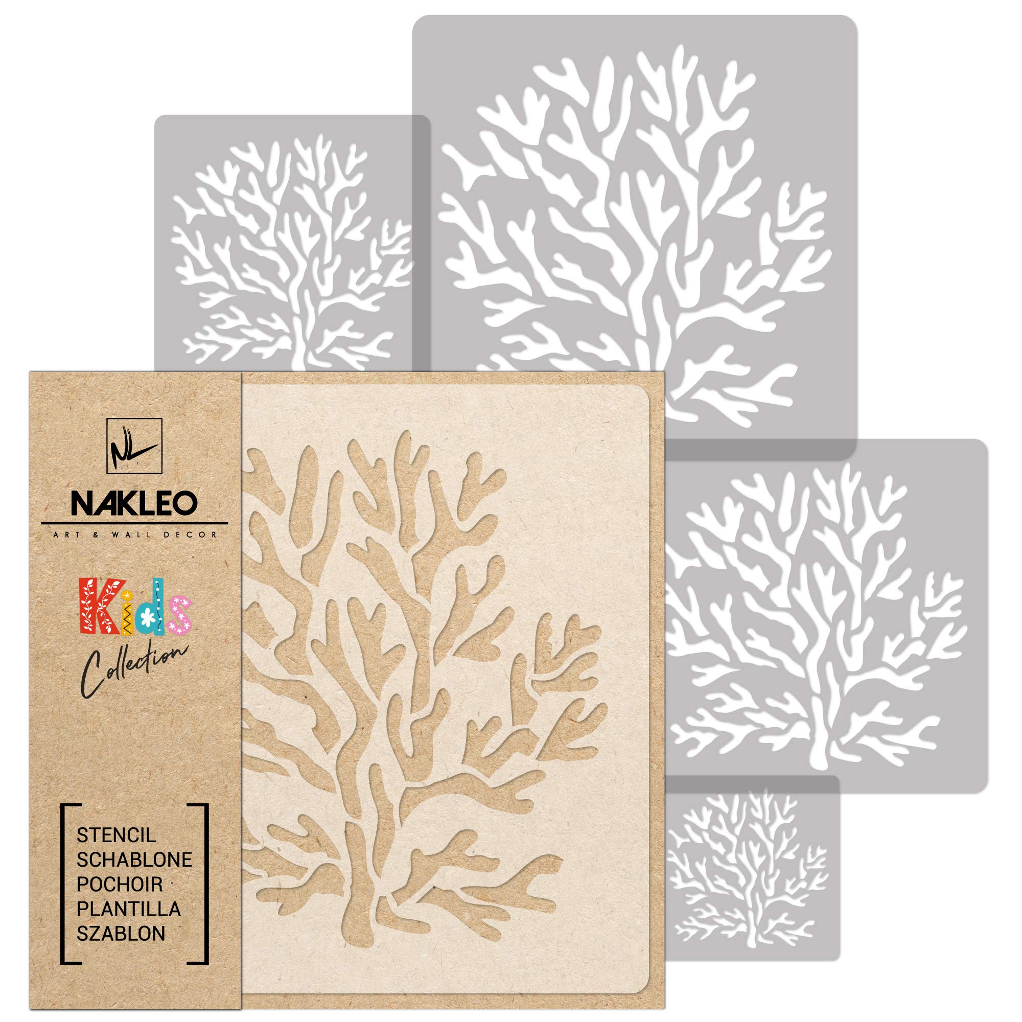 NAKLEO Painting Stencils Set for Nursery Room, 5 Pcs Templates 9x9 to 34x34cm Sea Coral, Plastic and Reusable Drawing Stencils, Decor, Craft DIY Wall Furniture