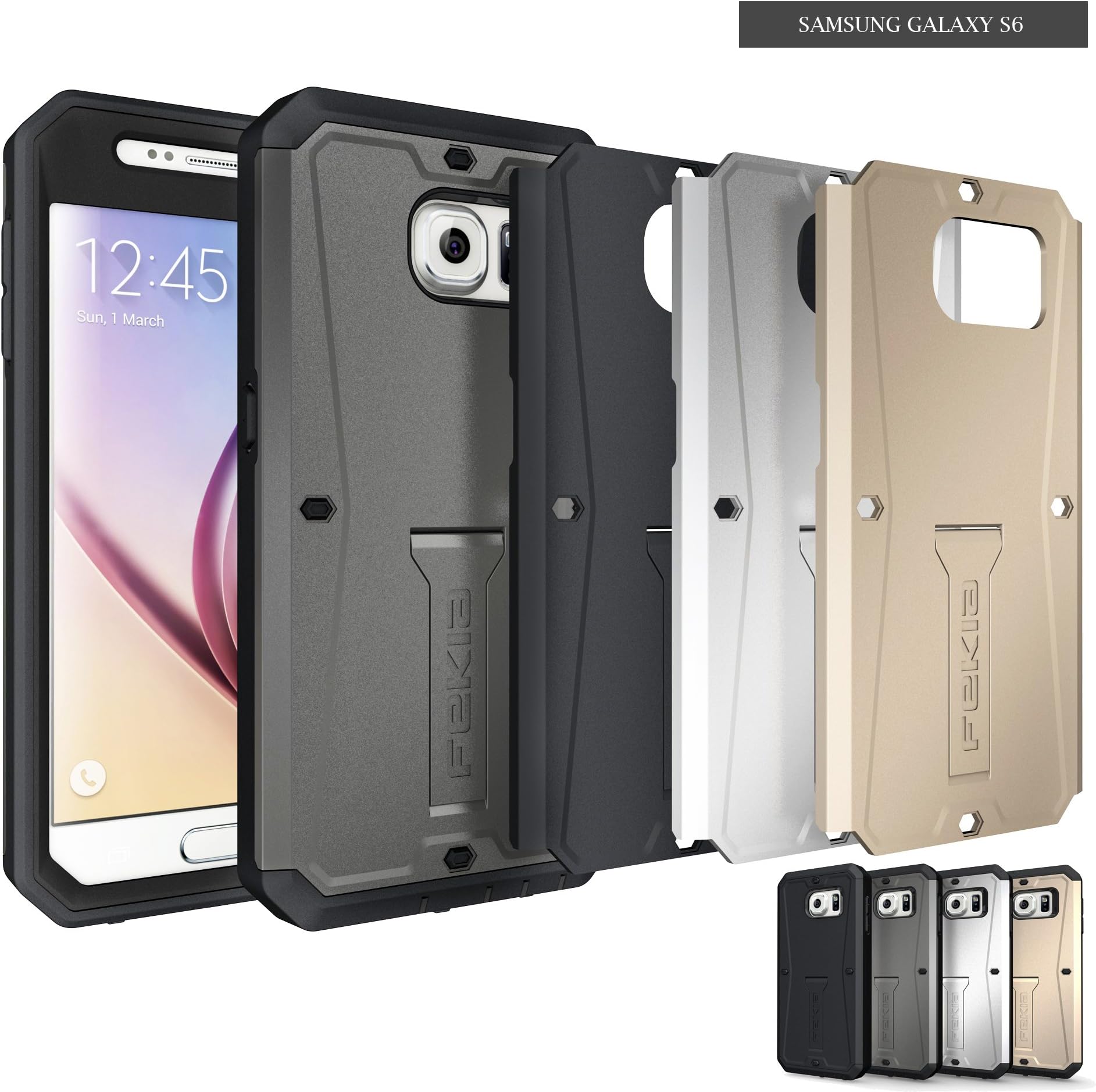 S6 Case, FEKIA [Armor Tank] HEAVY DUTY Built-in Screen Protector Rugged Full Body Protective Durable Hybrid Case with Kick Stand [4 x Interchangeable Back Plates Included] Cover for Samsung S6