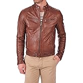 D DOLLY LAMB Men's Lambskin Leather Bomber Biker Jacket - Winter Wear - Round Collar