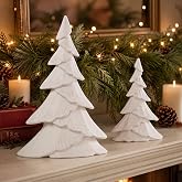 Chumia 2 Pcs White Flat Christmas Tree Tabletop Figurines Decor, Resin Tree | 13'' 10'' Farmhouse Table Decor, Rustic Charming Mantel Fireplace Tree, Holiday Retro Table Centerpiece, Vintage Home Decor