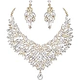 BriLove Wedding Bridal Crystal Rhinestones Marquise Cluster Statement Necklace Dangle Earrings Jewelry Set for Women
