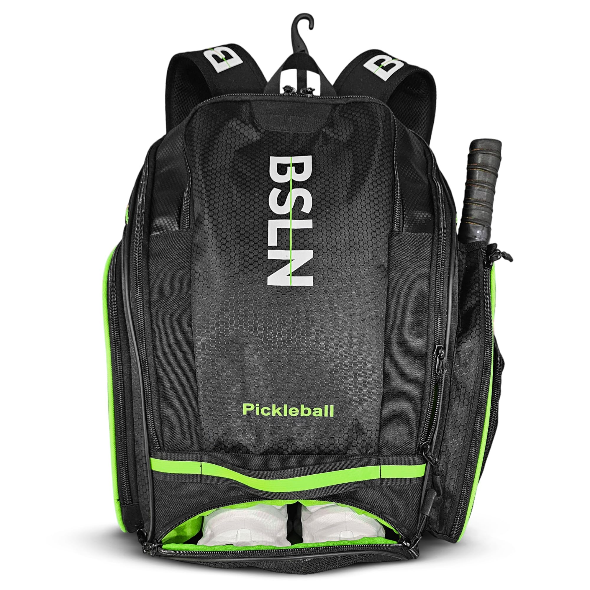 Photo 1 of BSLN Pickleball Bag - Large Pickle Ball Sports Backpack with Padded Paddle Pockets & Large Bottom Sack for Shoes - Hanging Fence Hook, Storage Compartments for Laptop, Insulated Water Bottle (Green)