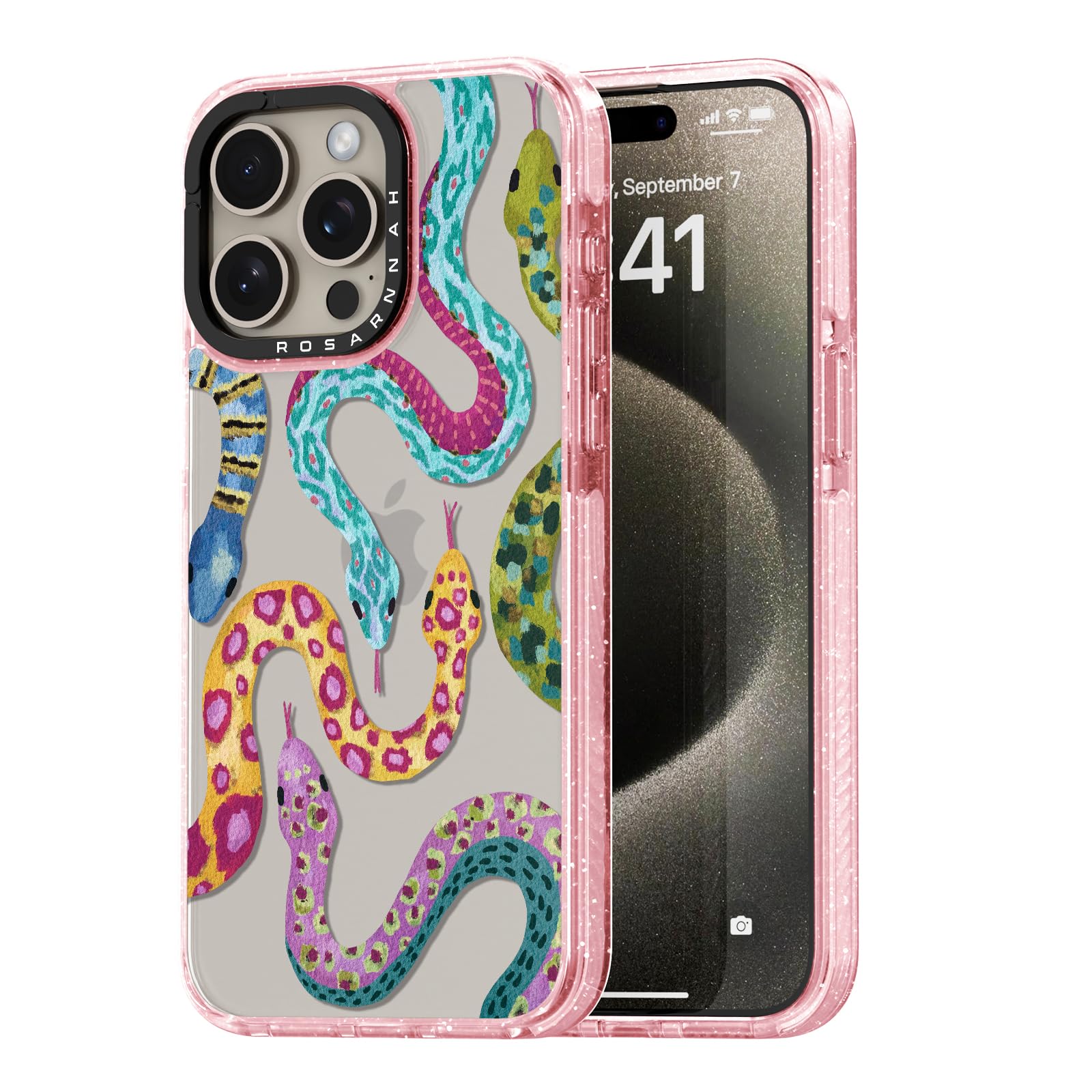 Photo 1 of Rosarnnah Compatible for iPhone 15 Pro Max Case Cute - Durable Shockproof 6.6 ft Drop Impact Phone Case - Funny Snake Design for iPhone 15 Pro Max 6.7" Glitter Pink