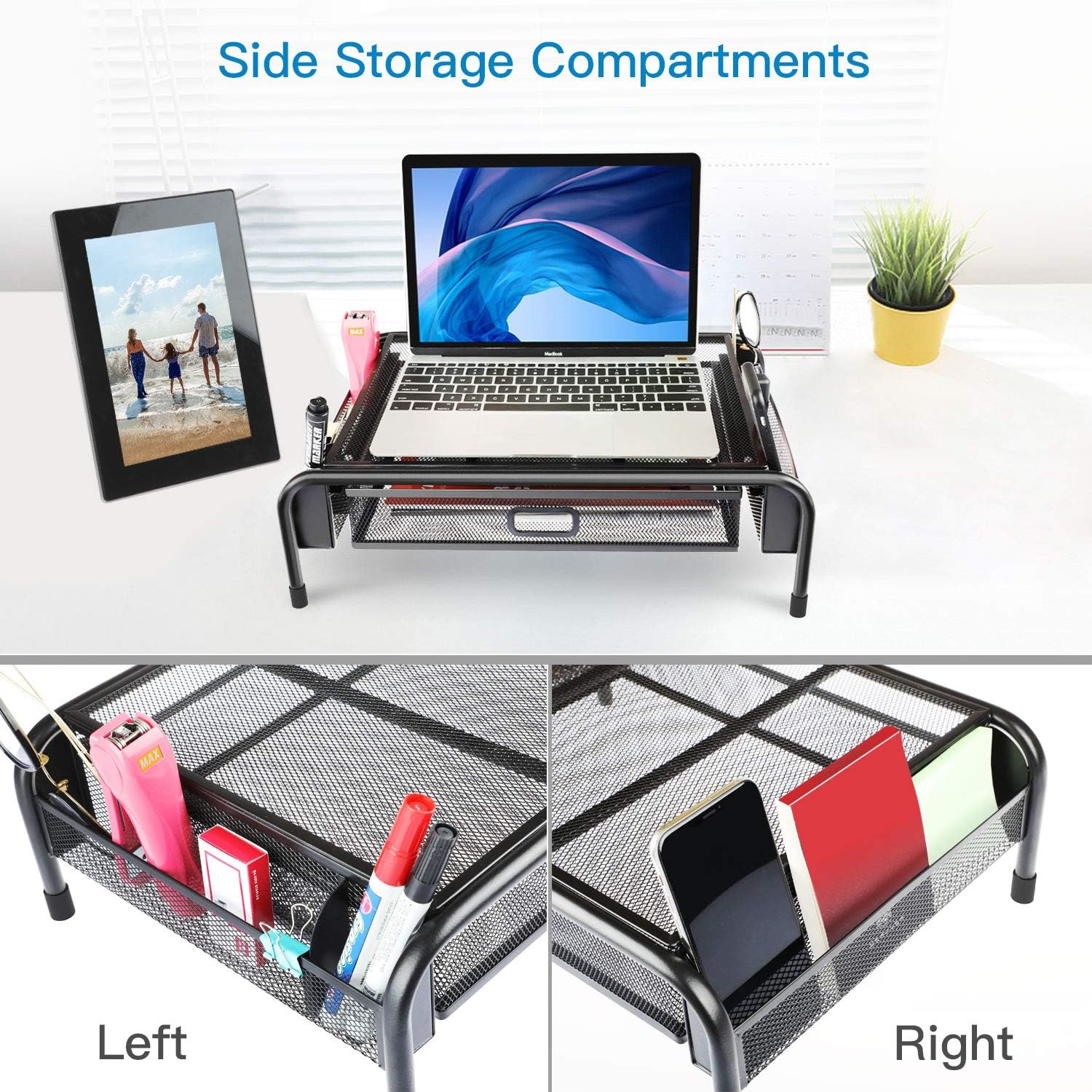 Monitor Stand Riser, Mesh Metal Printer Stand Holder with Pull Out Storage Drawer and Side Compartments Pockets for Computer, Laptop, iMac, Desk, Pens, Phones, Calculators by HUANUO : Office Products