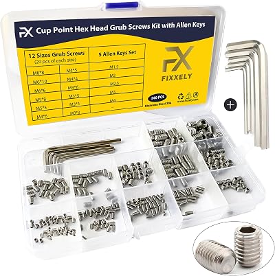 FIXXELY Grub Screws Set 240 Pcs M3 M4 M5 M6 M8 Cup Point Hex Key 5 pcs
