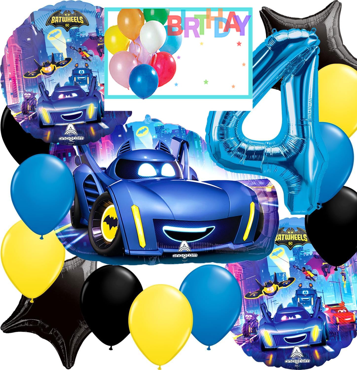 Anagram Batwheels Birthday Party Supplies: Number 4 Balloon Bouquet Decorations & Party Accessory