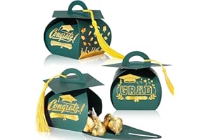 Spakon 30 Pcs Graduation Cap Gift Box Graduation Party Favors Candy Boxes Treat Box with Tassel Table Centerpieces Class of 2025 Grad Decorations(Green, Gold)