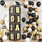 2026 Graduation Decorations, 4Pcs Graduation Boxes, So Proud of You and Class of 2026 Grad Balloon Boxes, Black Gold Congrats Box for College, High School, Prom Party Supplies