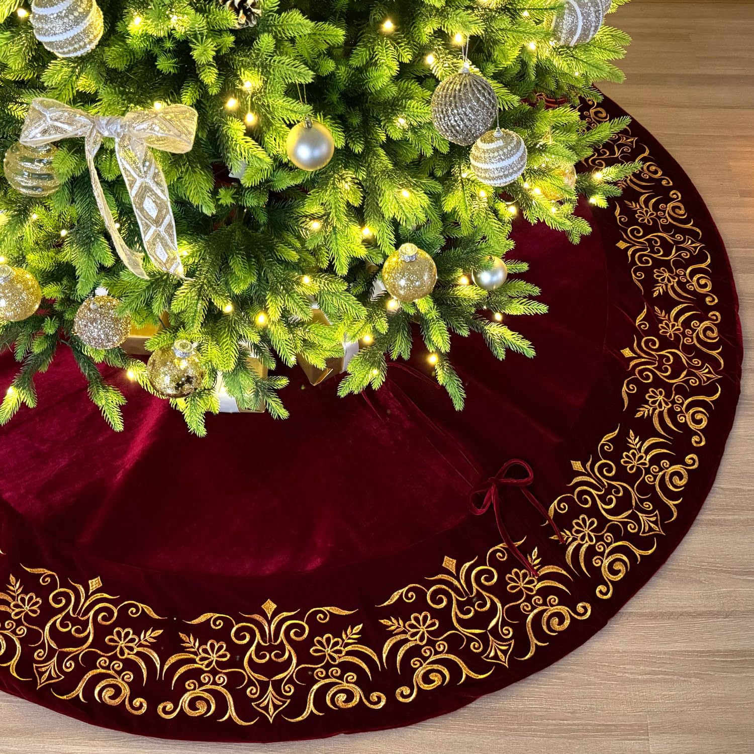 Photo 1 of Starry Dynamo 84-Inch Victorian Velvet Christmas Tree Skirt with Gold Damask Embroidery and Plush Lace Ties, Burgundy
