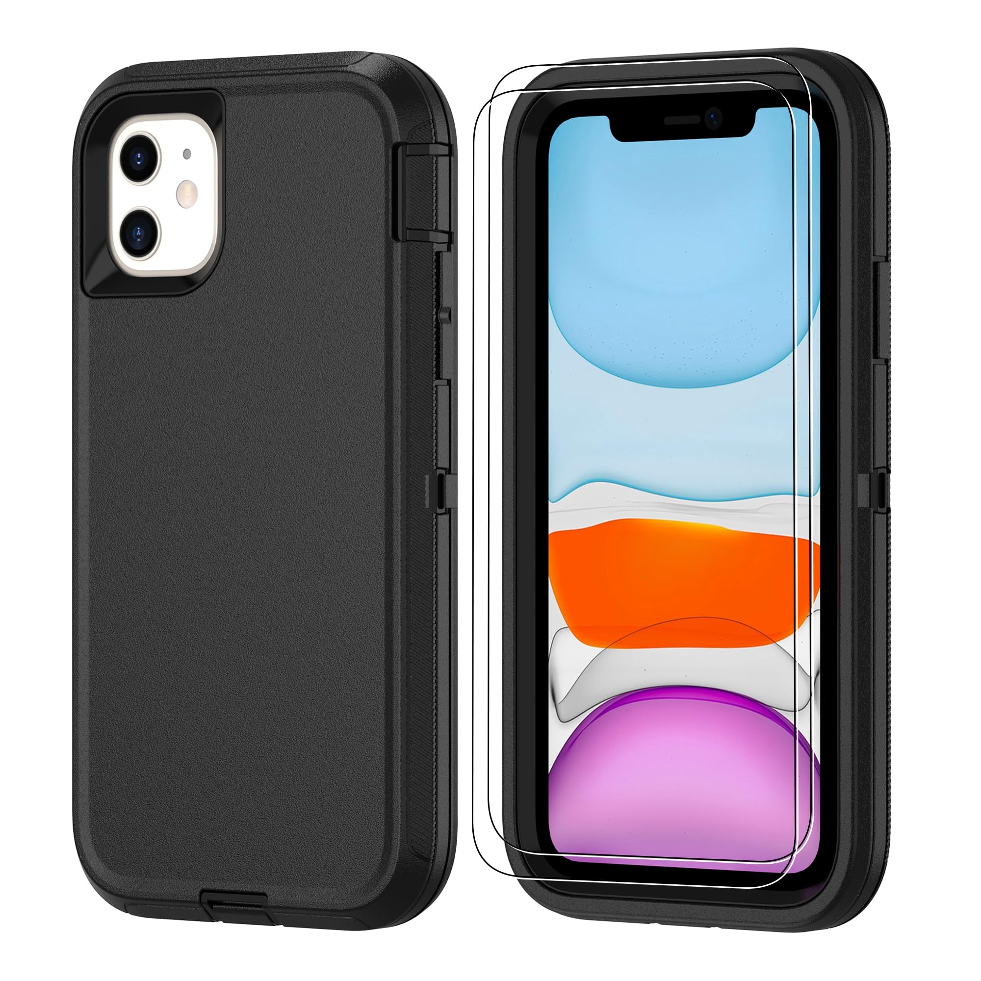 Jshru for iPhone 11 Phone Case with [2 Pack] HD Screen Protector, [Military-Grade] Heavy Duty Protective | Shockproof/Drop Proof/Dust Proof Full Body Protector for iPhone 11, Black