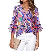 Furnex Womens Tops Dressy Casual Ruffle 3/4 Sleeve V Neck Elegant Floral Chiffon Blouses