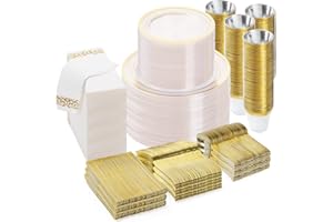 BESTVIP 700PCS Clear Gold Disposable Dinnerware Set for 100 Guests, Plastic Plates for Party, Wedding, Include: 200 Plastic Plates, 100 Gold Silverware, 100 Cups, 100 Napkins