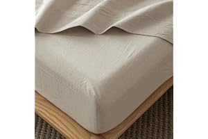 MooMee Fitted Bottom Sheet Only 100% Washed Cotton Linen Like Textured Breathable Durable Soft Comfy Deep Pocket Fits Mattress up to 17" (Tannish Linen Grey, Queen)