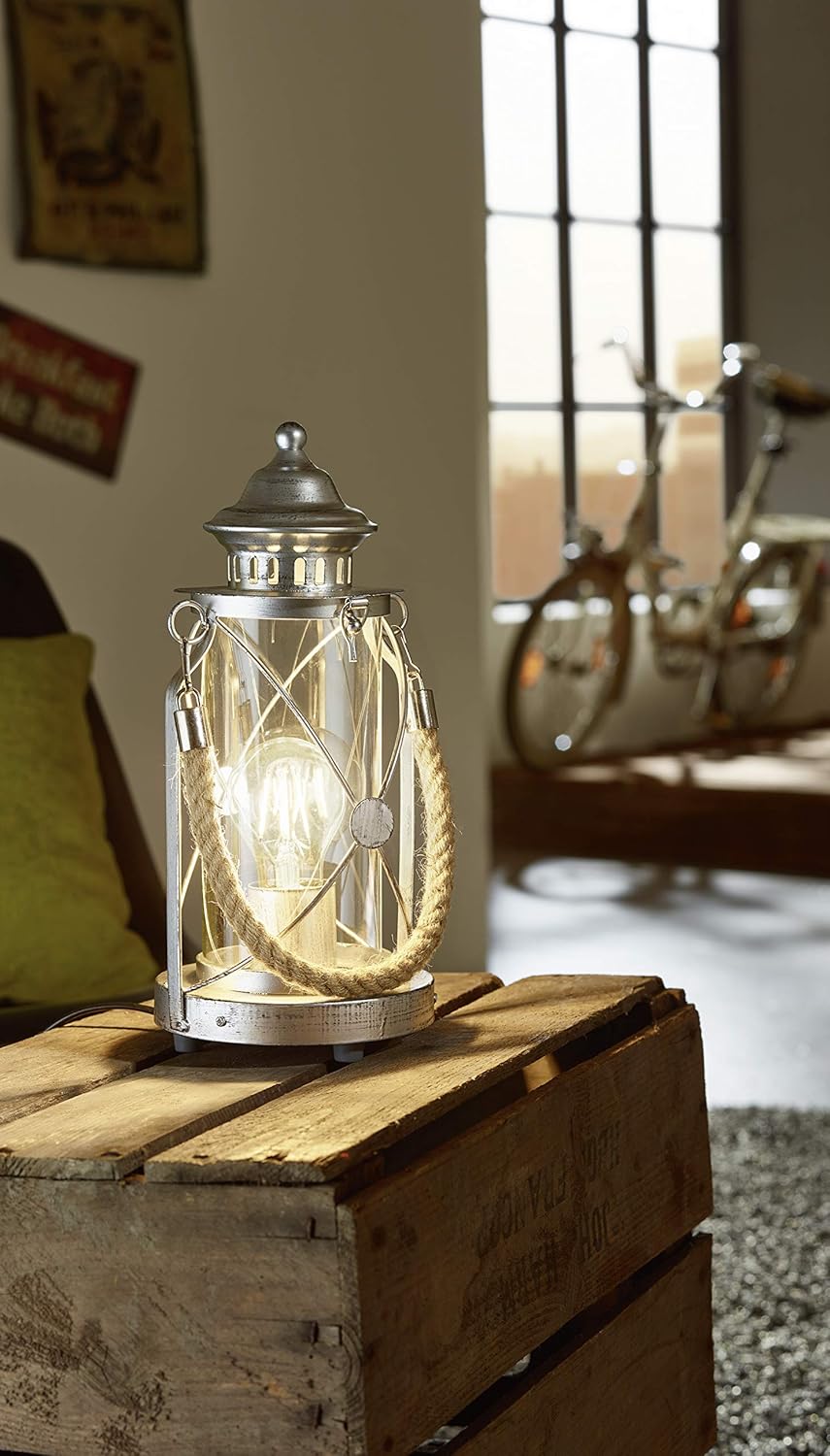 EGLO Bedside lamp Bradford 1, Vintage Table Light, Lantern, Living Room Lighting Made of Antique Silver Steel and Clear Glass - Image 3