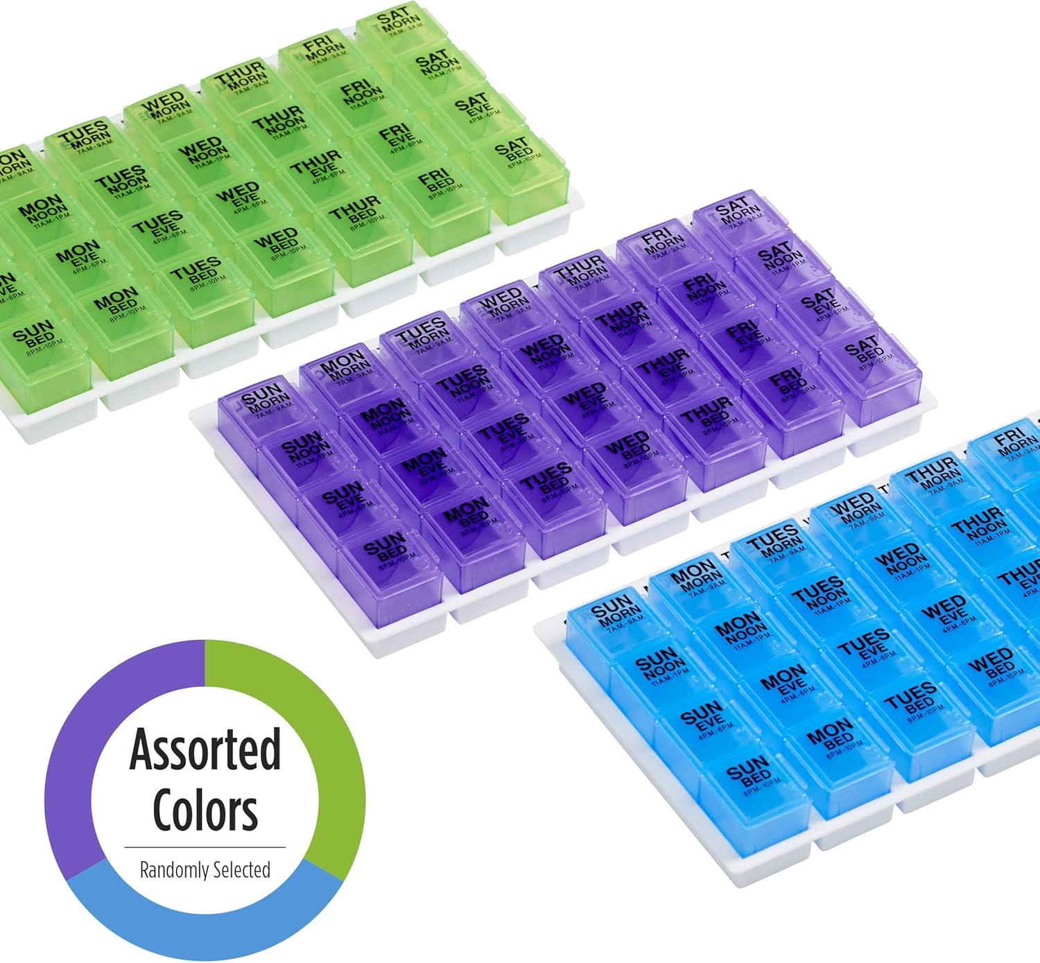 Ezy Dose Travel (7-Day) Pill, Medicine, Vitamin Organizer Box | Weekly, 4 Times a Day, AM PM | Large Removable Compartments | Assorted Colored Lids: Health & Personal Care