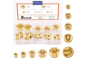 Rustak 23 Pcs Brass Pipe Plugs Assortment Set 1/8" 1/4" 3/8" 1/2" 3/4" NPT Brass Pipe Fitting, Internal Hex Thread Socket Plu