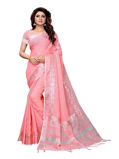 Women's Linen Saree with Blouse Piece (Peach LCRYFC32D_ Pink)