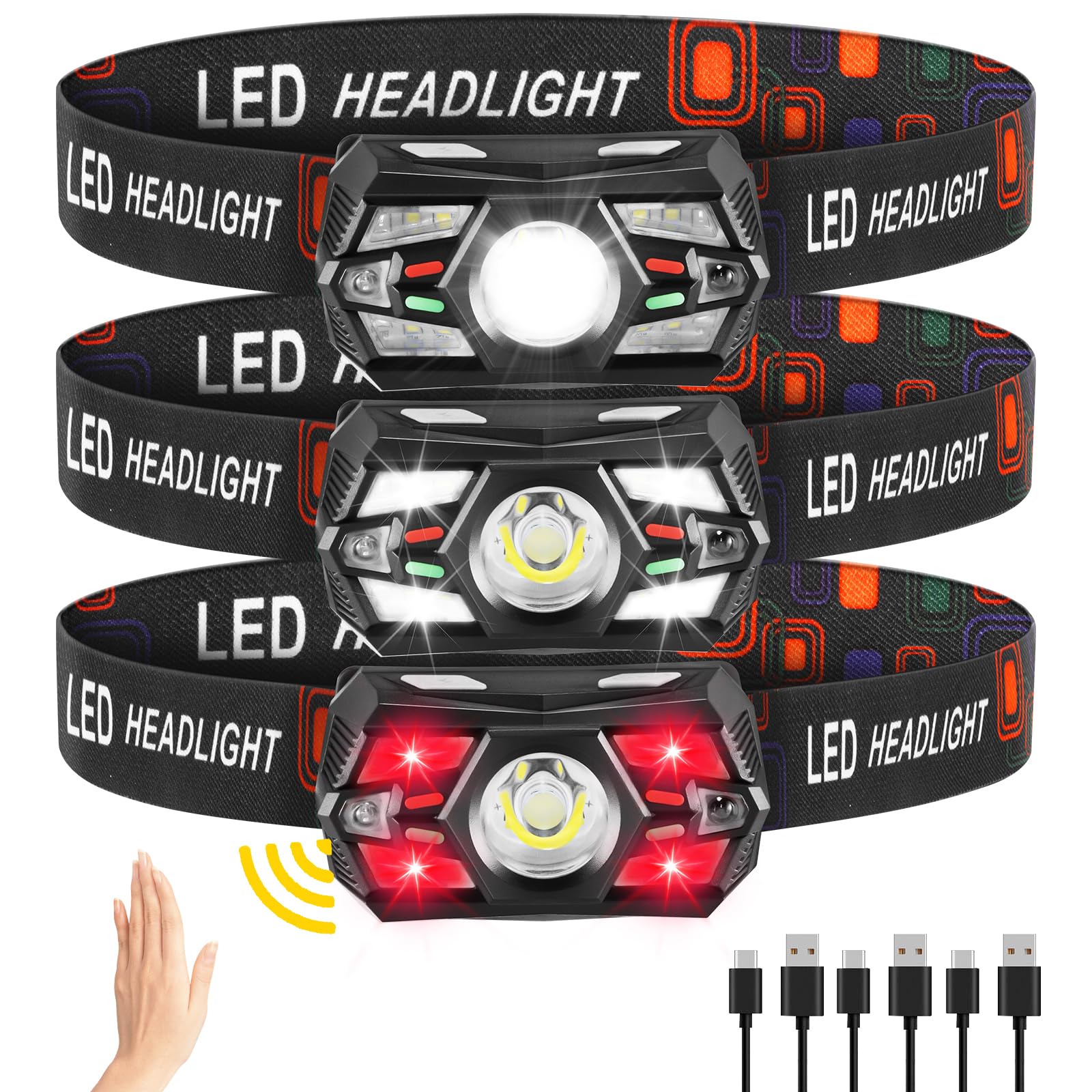Photo 1 of 3Pack Headlamp Rechargeable, Super Bright Head Lamps LED Rechargeable, LED Headlight with Motion Sensor, Head Lights for Forehead with Red Light, Headlamps for Adults Kids Camping Essentials Running