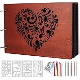Giiffu Wooden Scrapbook Photo Album with Heart Design, DIY Memory Book, 100 Pages Personalized Scrapbooking Album, Romantic Gift for Wedding, Anniversary & Valentine’s Day