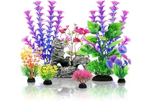 QUOZUO Fish Tank Accessories Aquarium Decorations Plants, 9pcs Colorful Fish Tank Artificial Plants and Cave Rock Decor Set, Aquarium Decor Plastic Plants