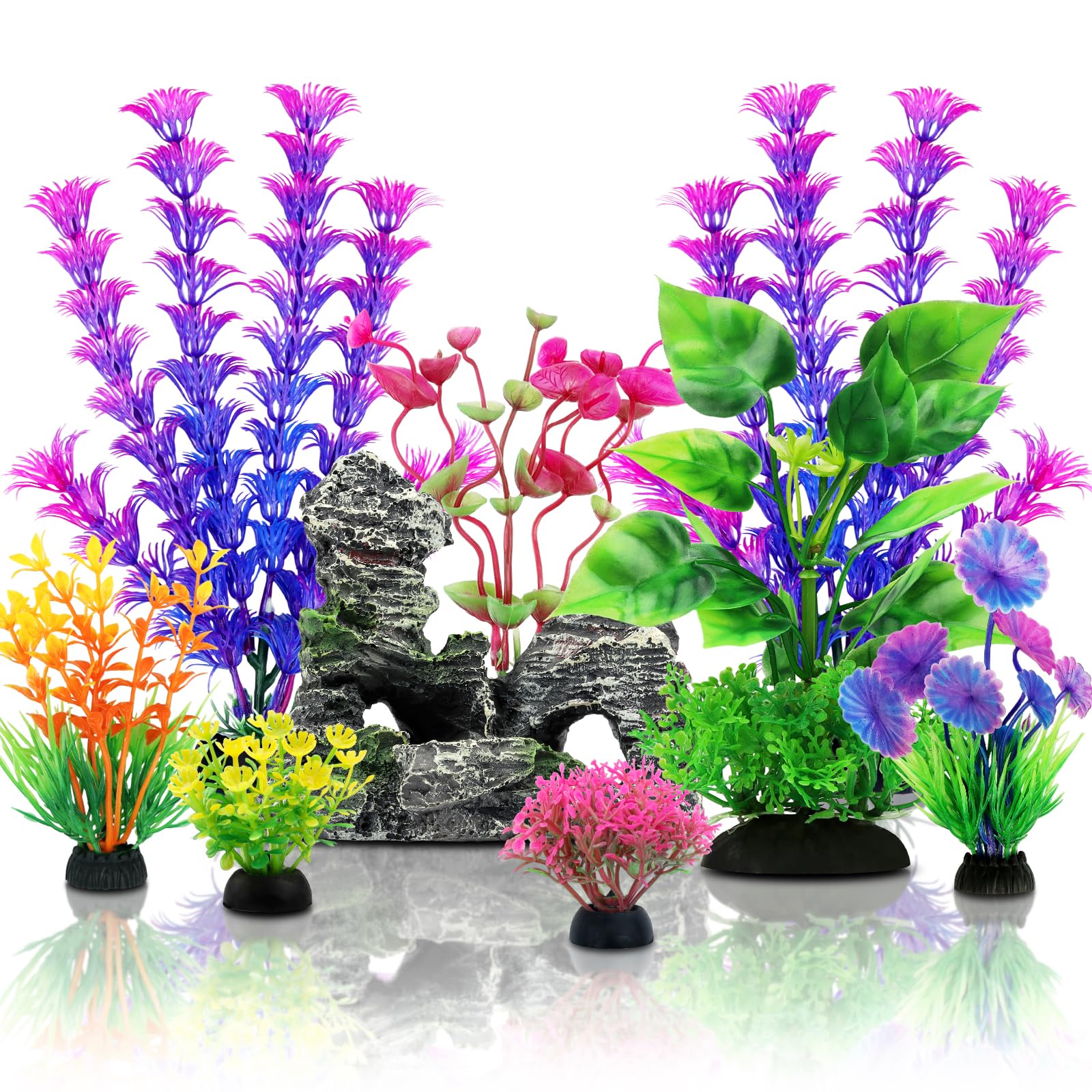 QUOZUO Fish Tank Accessories Artificial Plants, 9pcs Green Aquarium Decorations Plants and Cave Rock Decor Set, Aquarium Decor Plastic Plants
