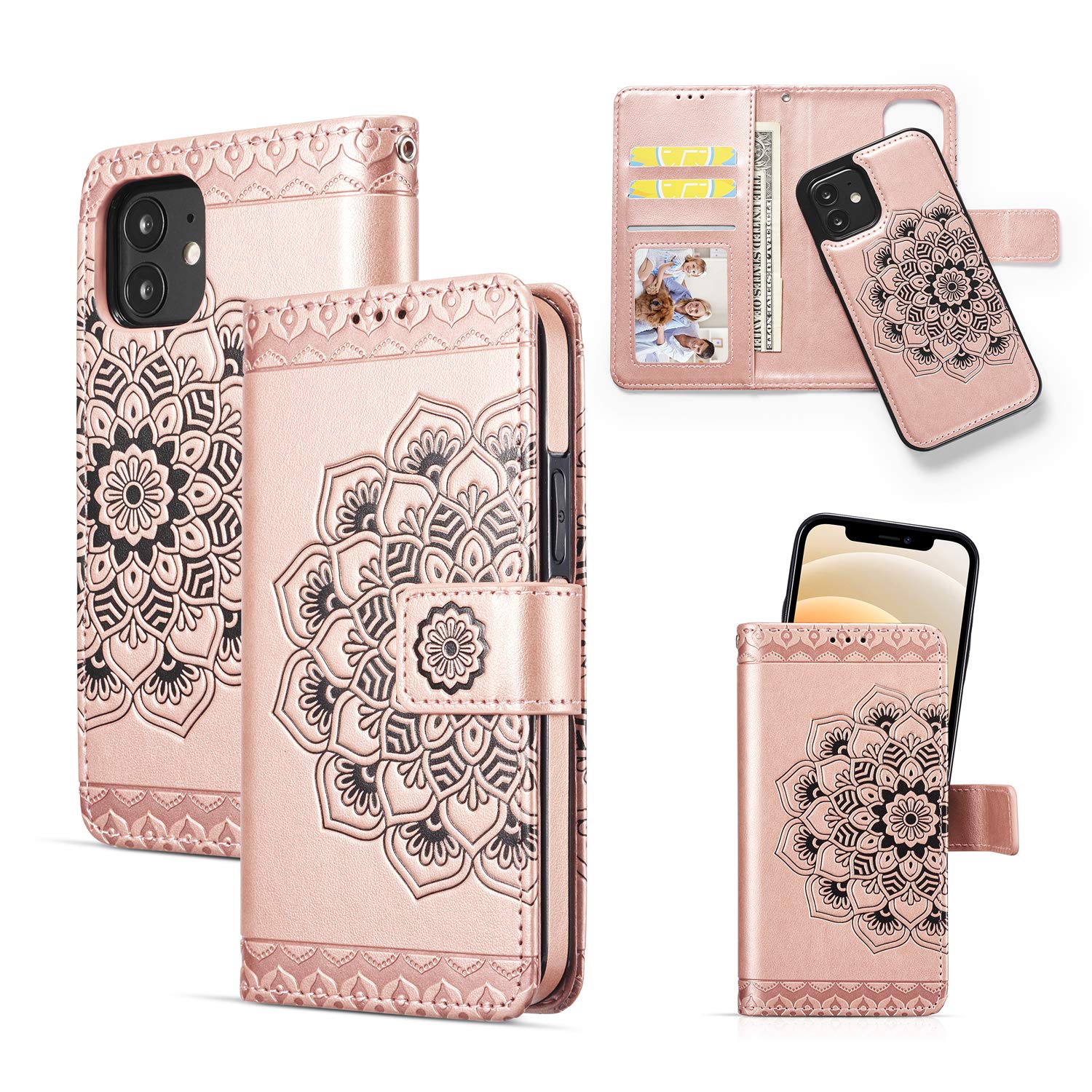 QLTYPRI Compatible iPhone 12/12 Pro, Premium PU Leather & Silicone Bumper Case with Card Holder & Magnetic Closure - Rose Gold Flower