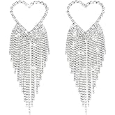 Fashion Heart Rhinestone Dangling Tassel Earrings for Women, Big Long Statement Wedding Bridal Drop Dangle Earrings for Women and Girls