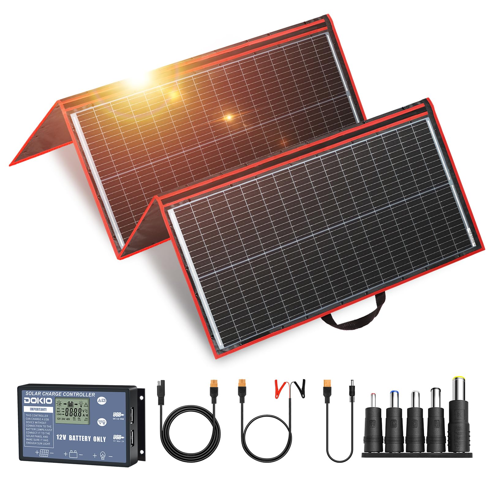 Photo 1 of DOKIO 300W 18V Portable Solar Panel Kit Folding Solar Charger with 2 USB Outputs for 12v Batteries/Power Station AGM LiFePo4 RV Camping Trailer Car Marine…