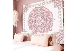 Atrippy Boho Pink Mandala Wall Tapestry for Bedroom, White and Pink Aesthetic Tapestry Room Decor for Teen Girls, Art Floral Wall Hanging for College Dorm (51''x60'')